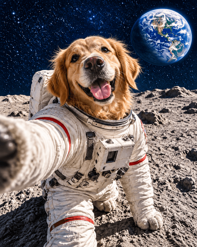 The same dog reimagined as an astronaut on the moon