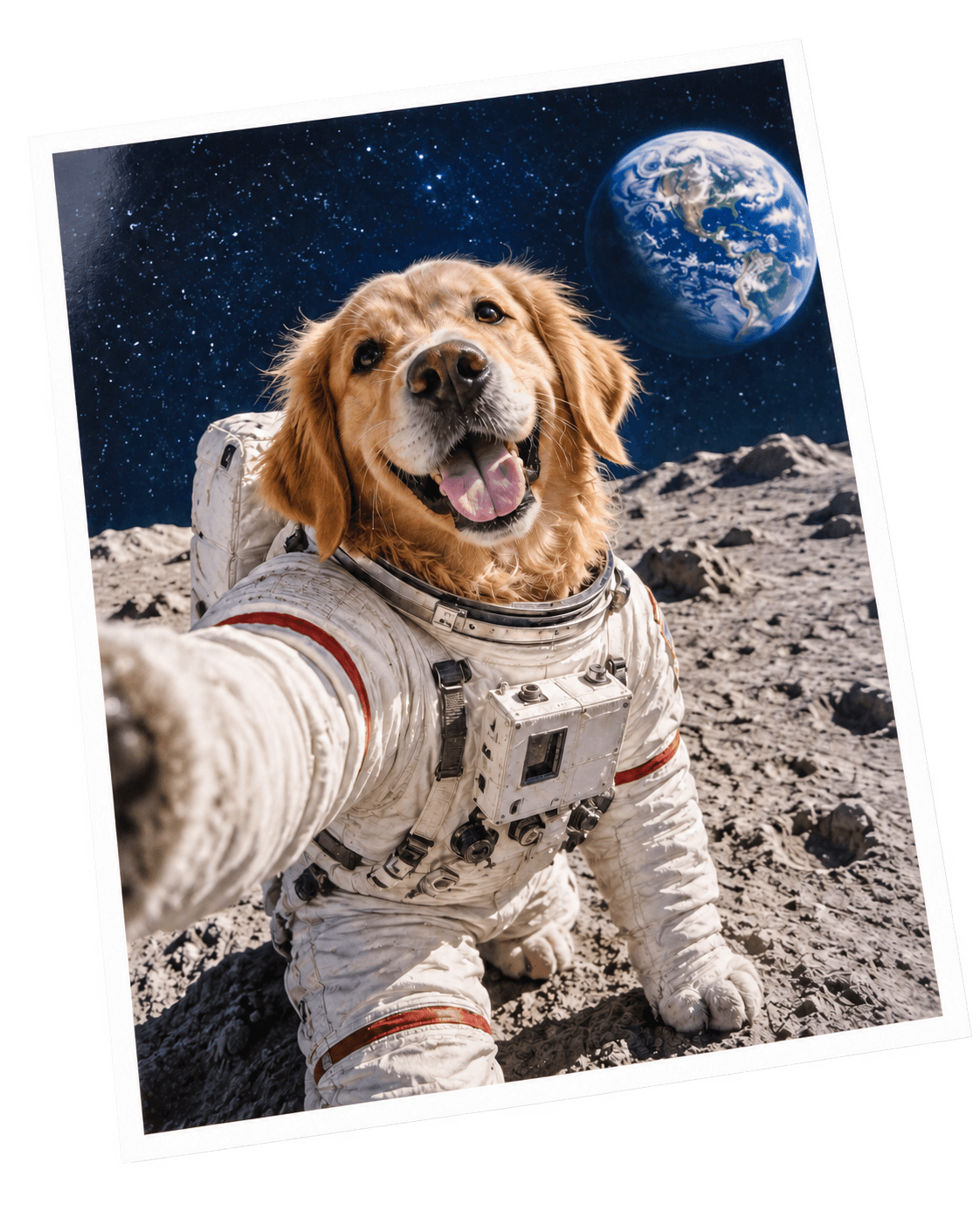 The imagined result: the same golden retriever taking an astronaut selfie on the moon, shown as a physical photo print