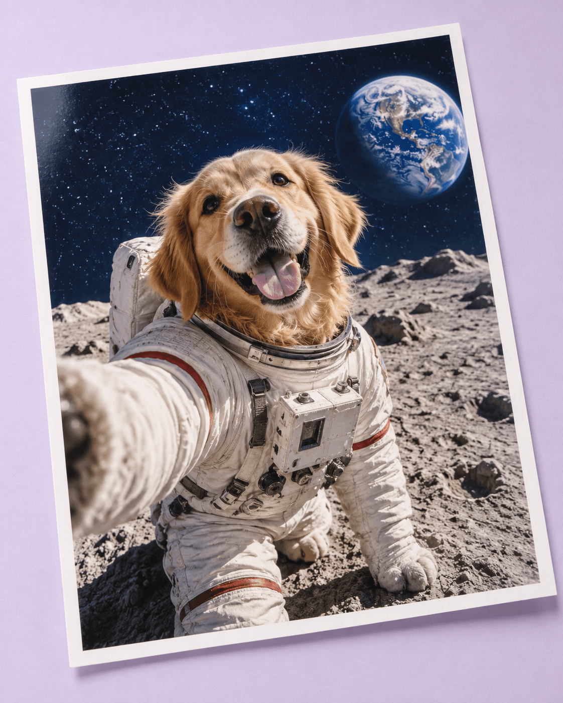 A photo print of a golden retriever astronaut on the moon — illustrative mockup