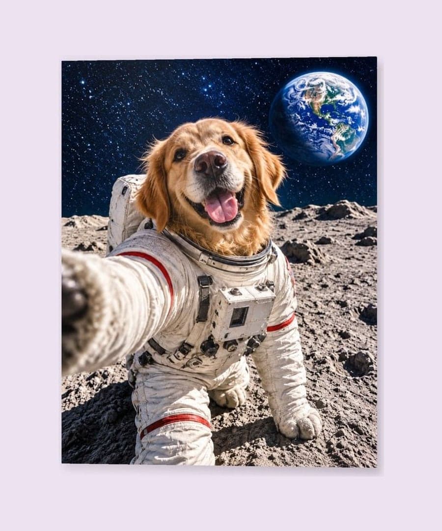 A photo print of a golden retriever astronaut taking a selfie on the moon (example)