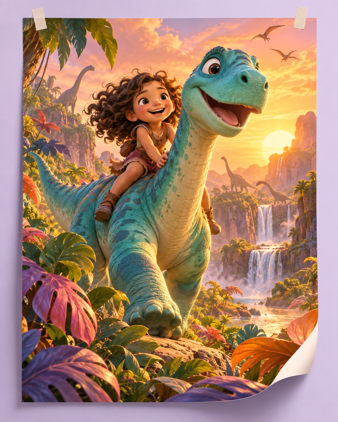 A poster of a child riding a friendly turquoise dinosaur through a colorful jungle — illustrative mockup