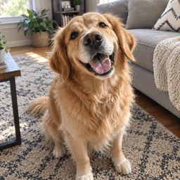 Starting photo of a golden retriever at home
