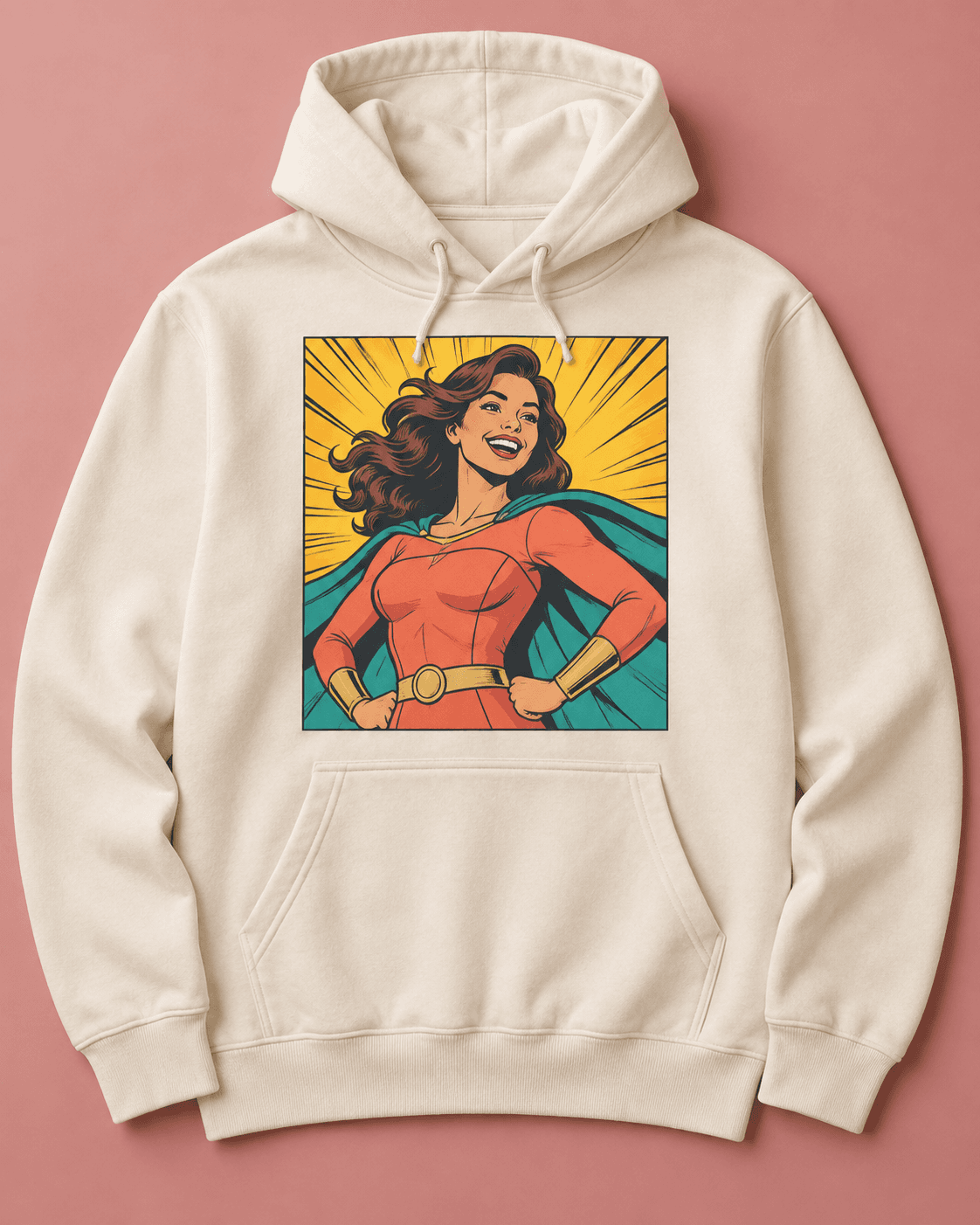 A cream hoodie with a pop-art superhero portrait on the front (example)