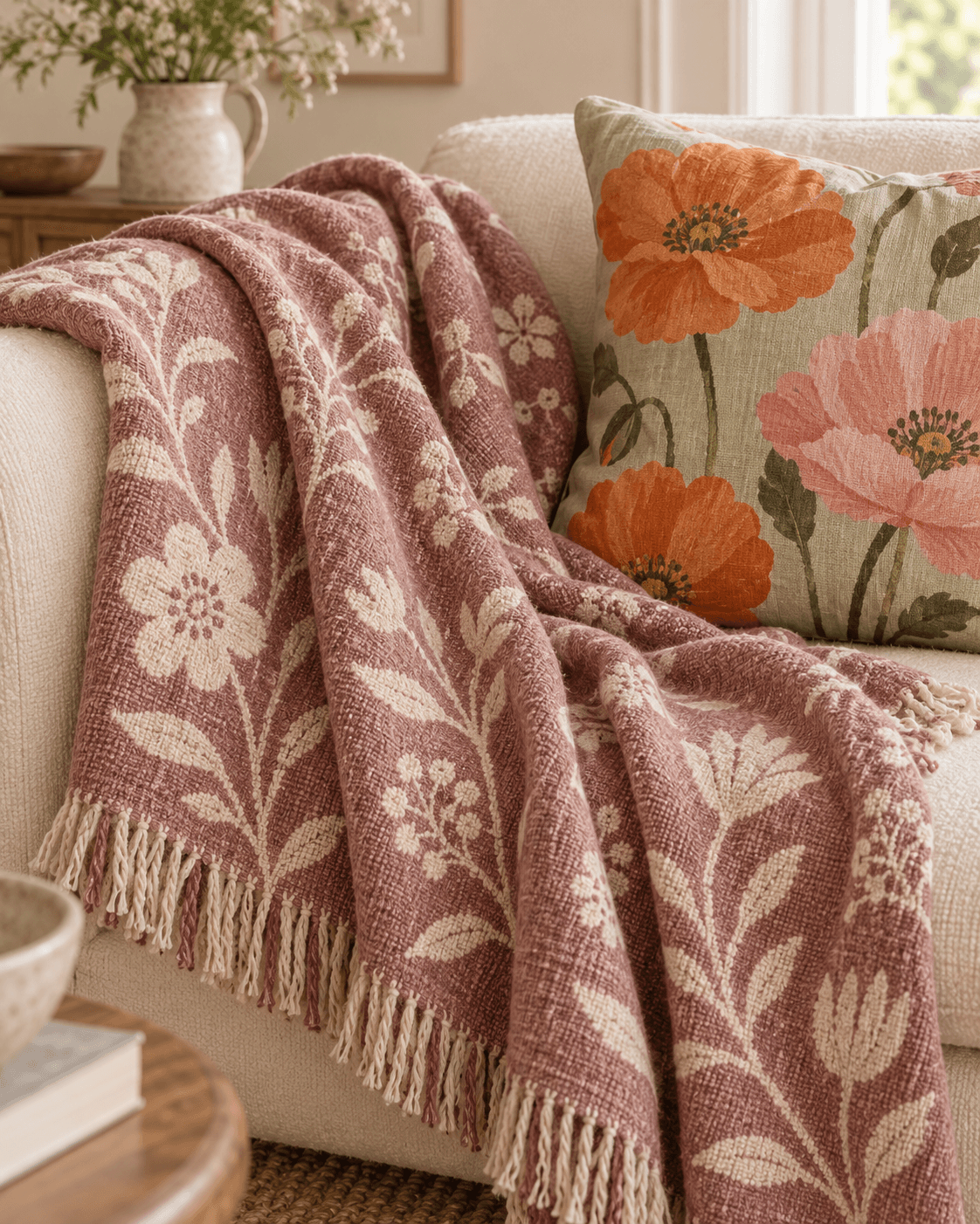 A soft woven blanket draped over a sofa (example)