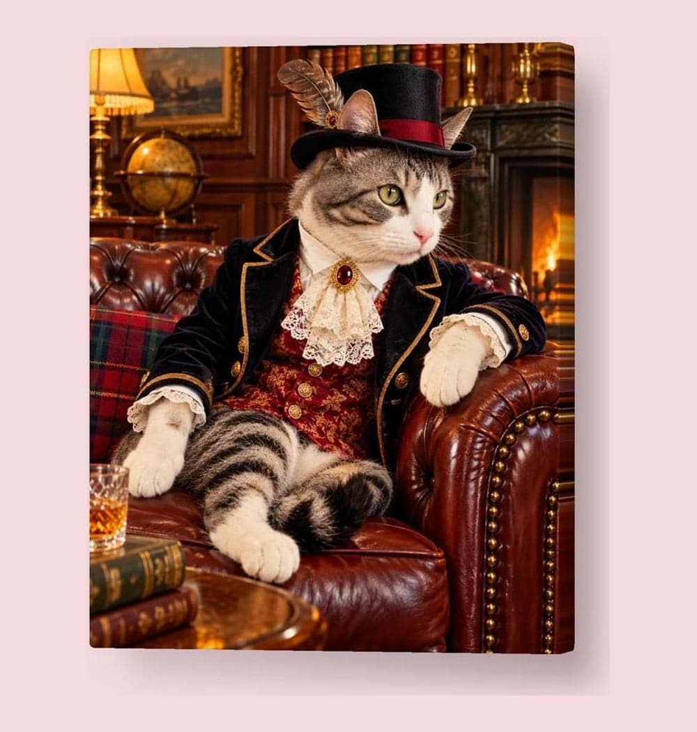 A tabby cat dressed as an English lord, lounging in a leather armchair in a gentlemen’s club, on a canvas (example made with AI)