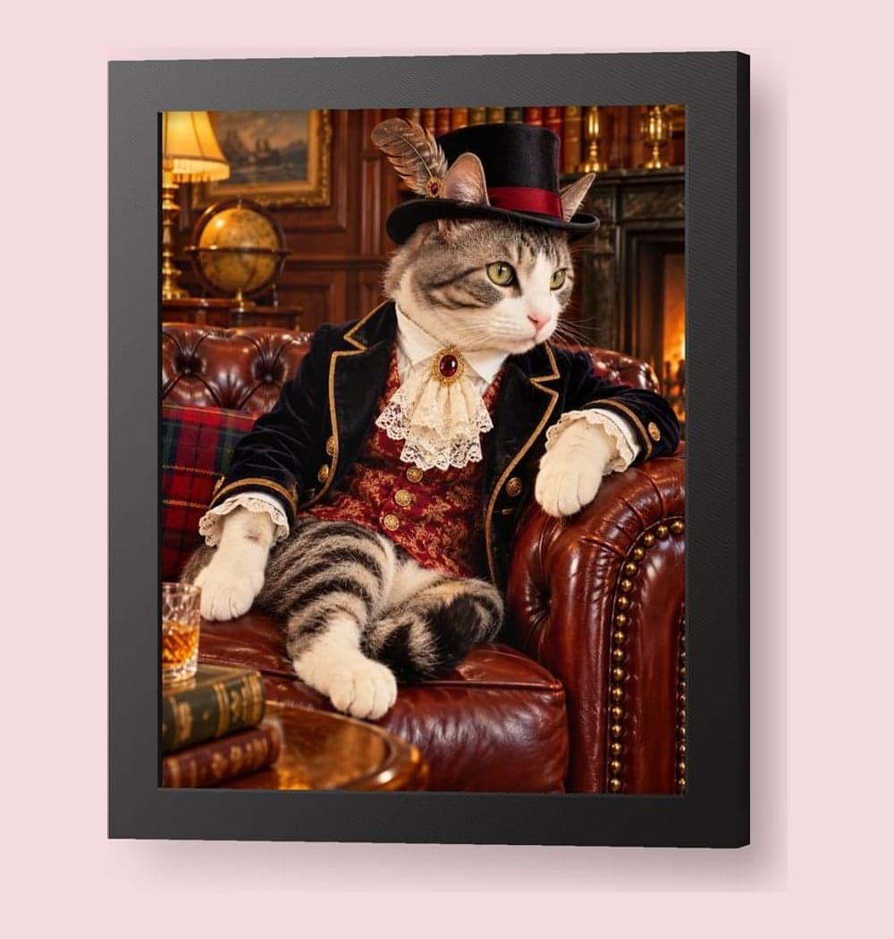 A tabby cat dressed as an English lord, lounging in a leather armchair in a gentlemen’s club, on a framed print (example made with AI)