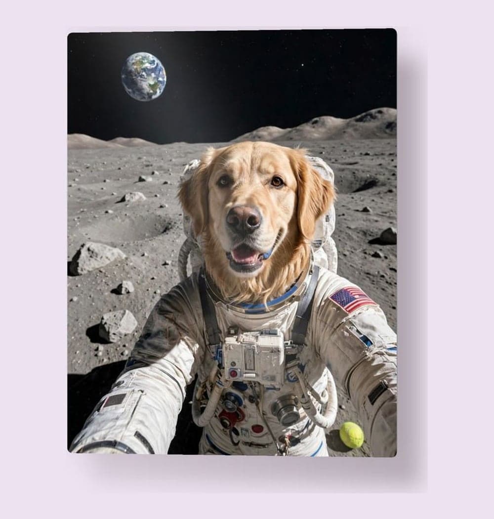 A realistic portrait of the pet taking a spacesuit selfie on the moon, with Earth behind them, on a metal print (example made with AI)