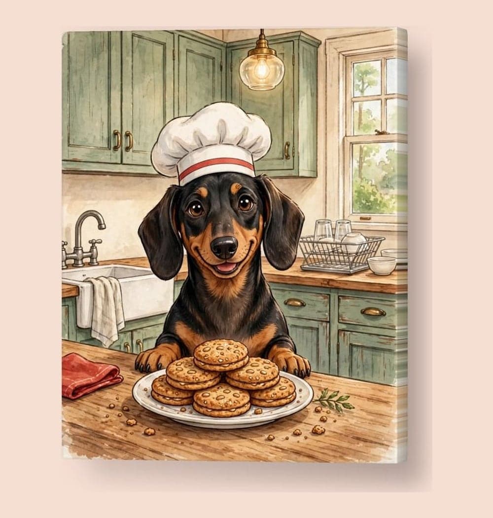 A cheerful illustrated portrait of the pet wearing a chef's hat behind a kitchen counter, proudly presenting their favorite snack, on a canvas (example made with AI)