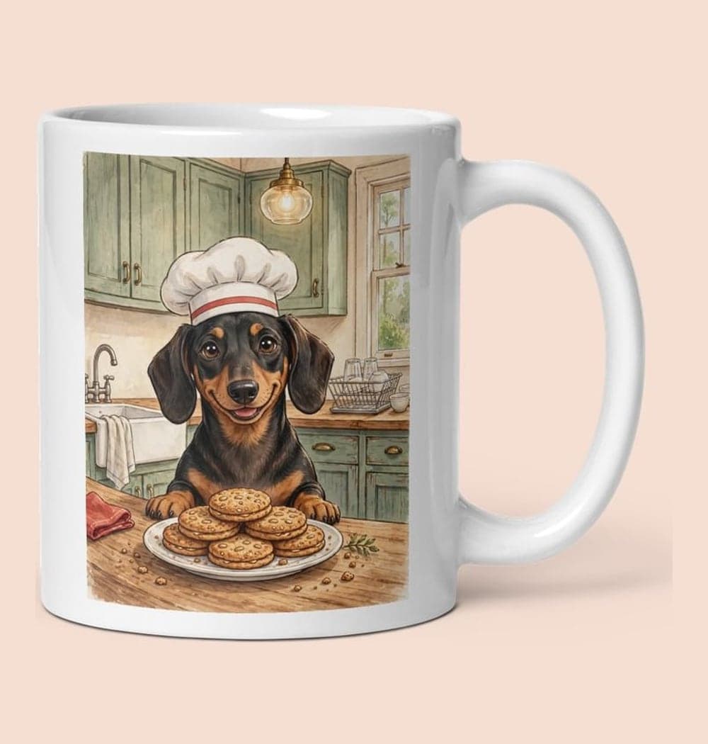 A cheerful illustrated portrait of the pet wearing a chef's hat behind a kitchen counter, proudly presenting their favorite snack, on a mug (example made with AI)