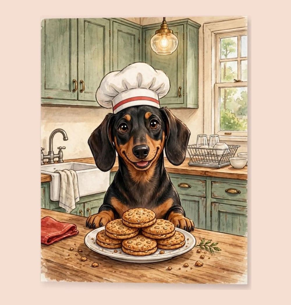 A cheerful illustrated portrait of the pet wearing a chef's hat behind a kitchen counter, proudly presenting their favorite snack, on a matte poster (example made with AI)