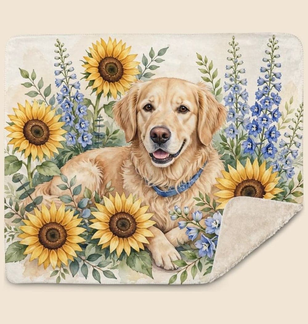 The pet nestled among oversized garden flowers in soft watercolor, with their face and markings clearly recognizable, on a blanket (example made with AI)