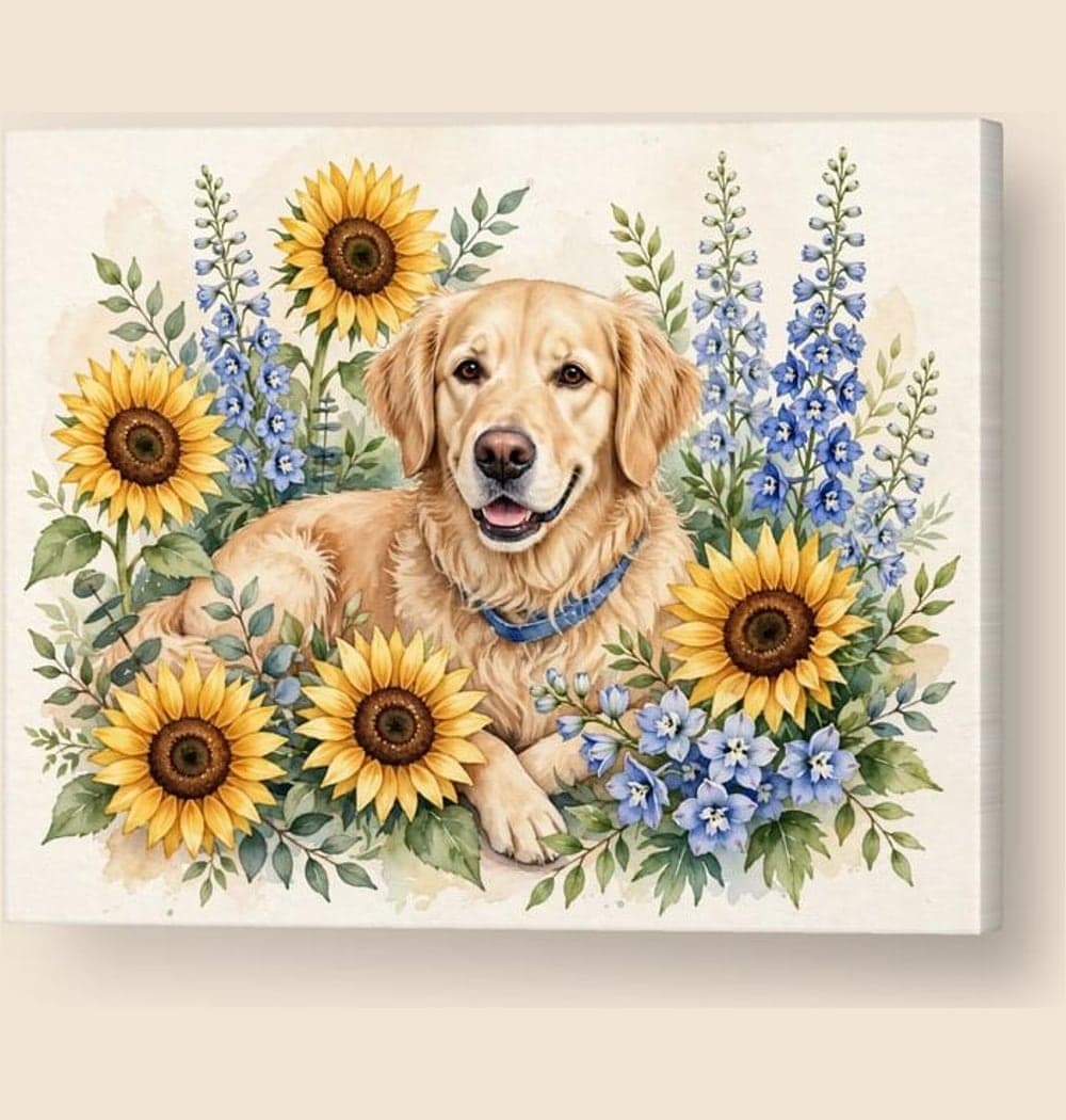 The pet nestled among oversized garden flowers in soft watercolor, with their face and markings clearly recognizable, on a canvas (example made with AI)