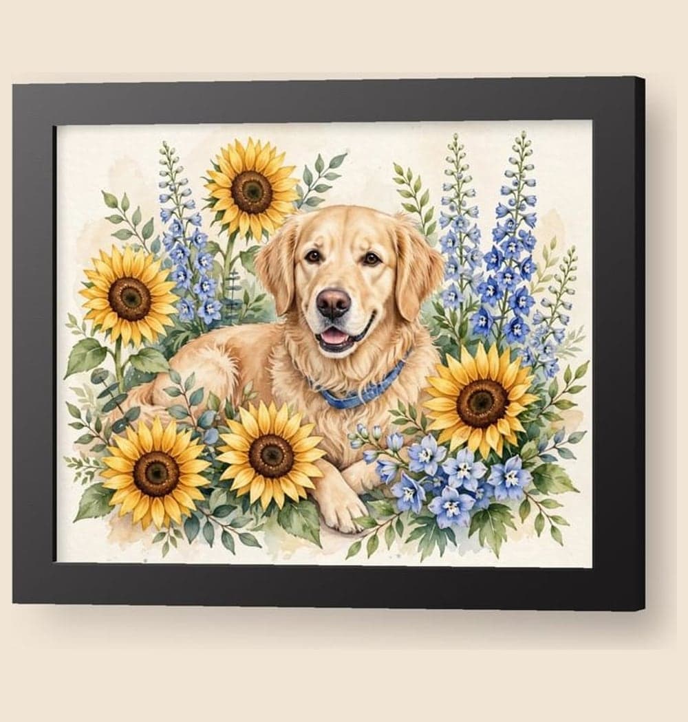 The pet nestled among oversized garden flowers in soft watercolor, with their face and markings clearly recognizable, on a framed print (example made with AI)