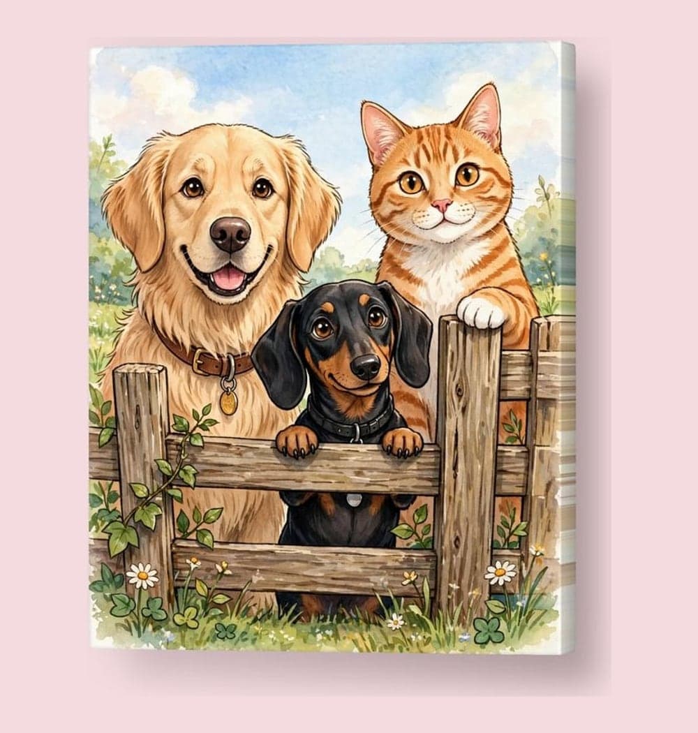 A humorous group portrait peeking over a garden fence at different heights, on a canvas (example made with AI)
