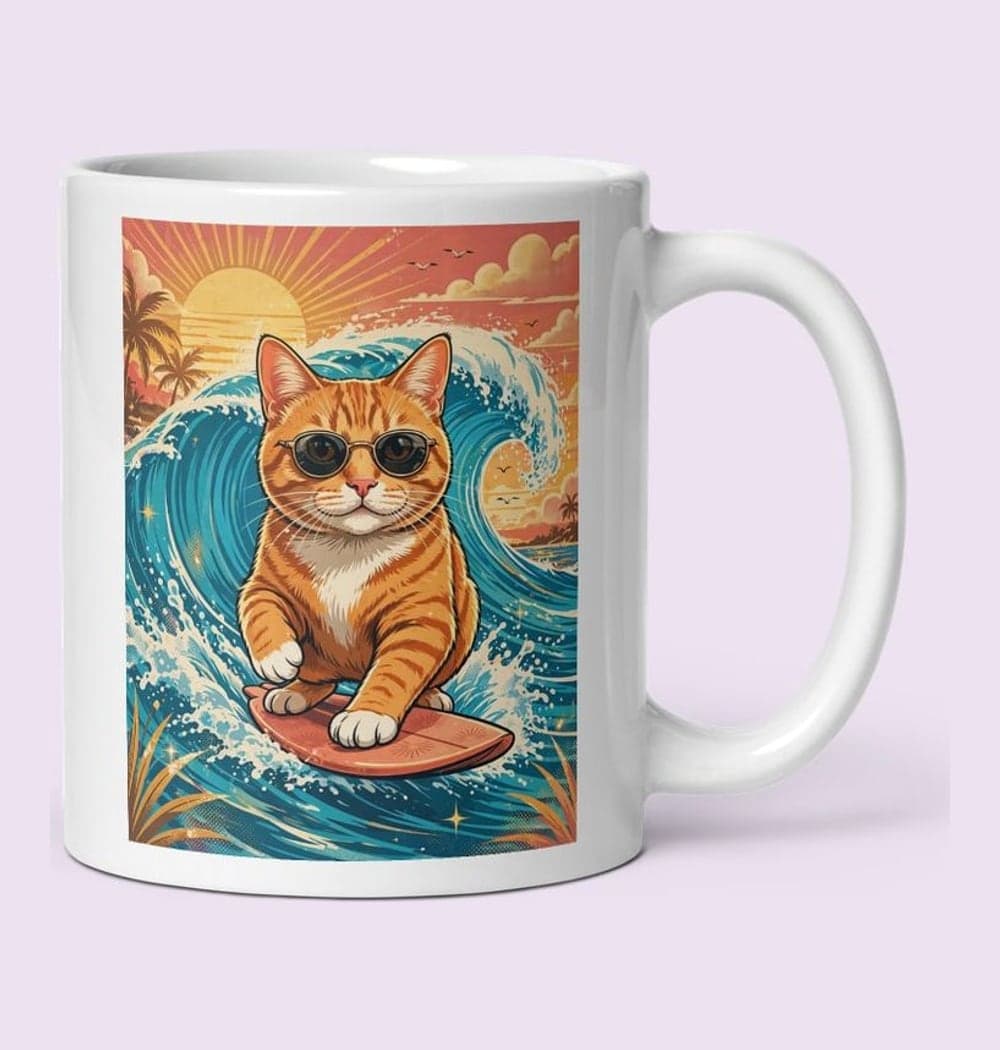 A vibrant retro surf illustration of the pet riding a turquoise wave on a little surfboard, on a mug (example made with AI)