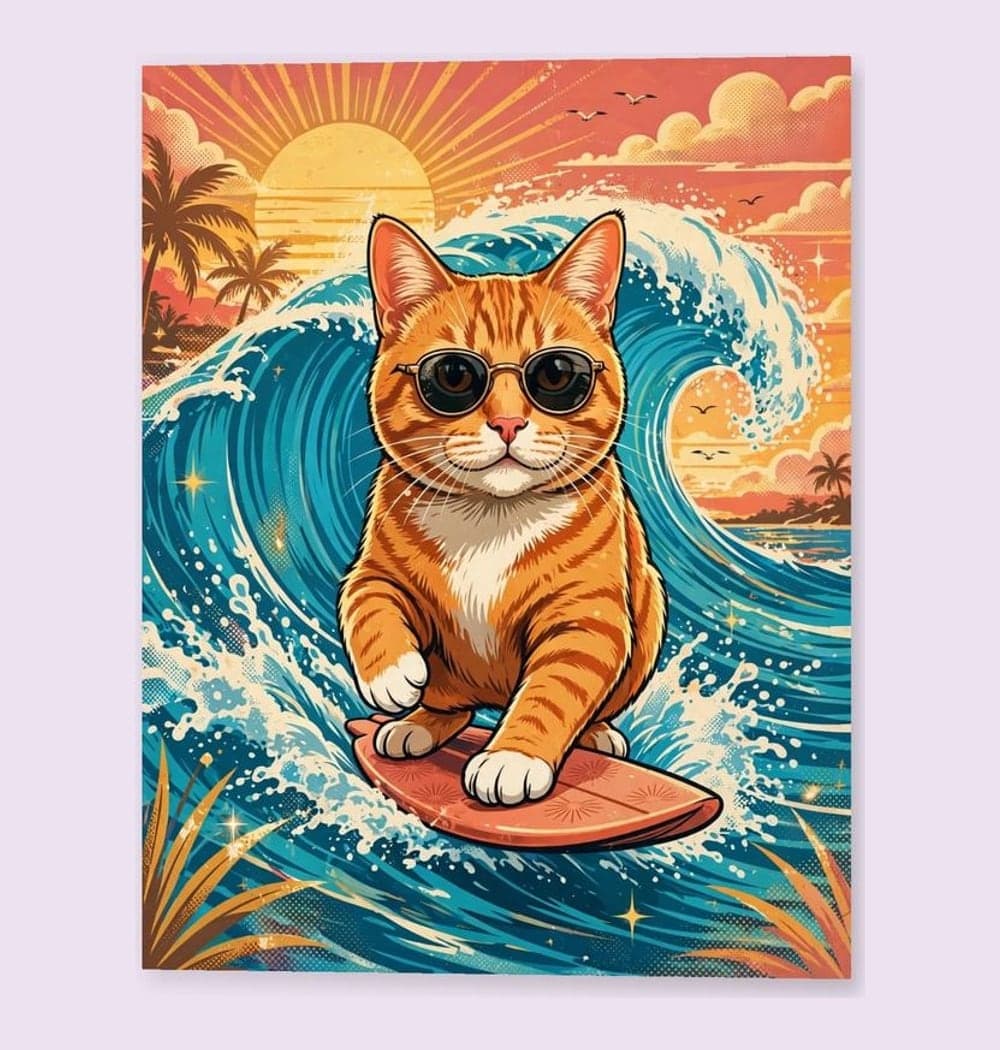 A vibrant retro surf illustration of the pet riding a turquoise wave on a little surfboard, on a matte poster (example made with AI)