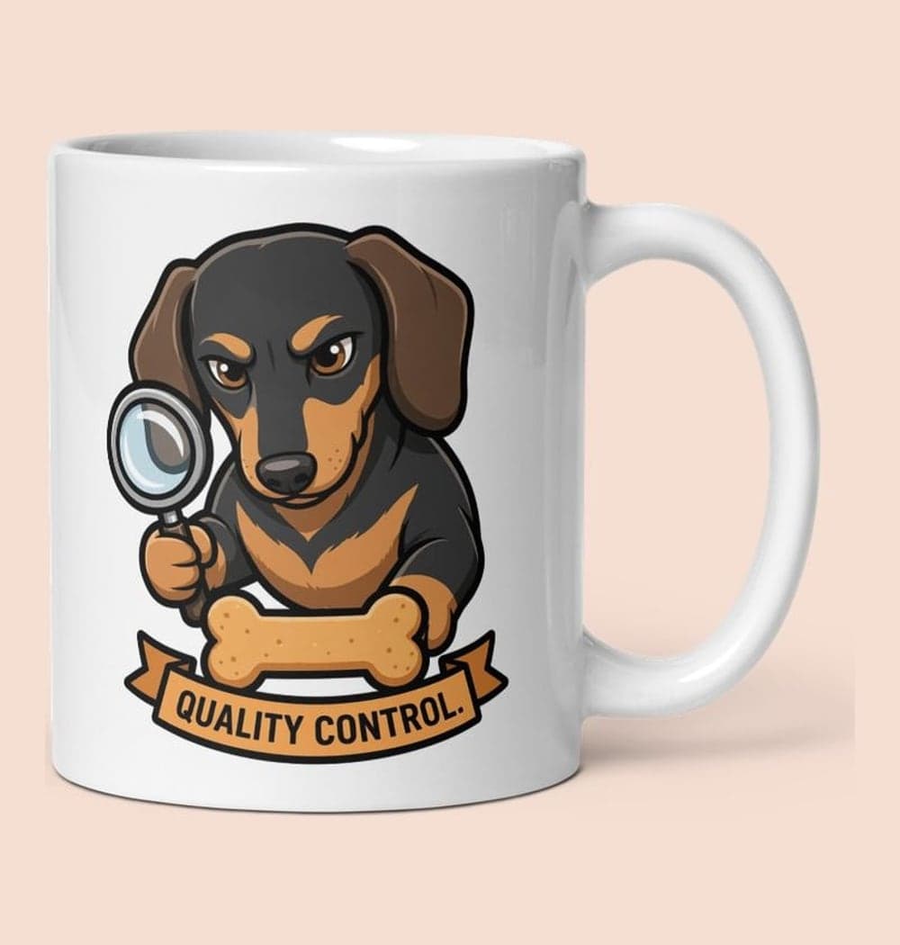 A clean badge featuring the pet as a very serious treat inspector, holding a magnifying glass over a biscuit, on a mug (example made with AI)