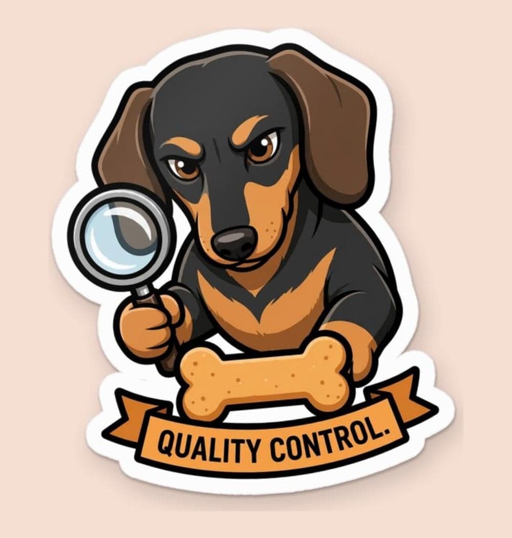 A clean badge featuring the pet as a very serious treat inspector, holding a magnifying glass over a biscuit, as a sticker (example made with AI)