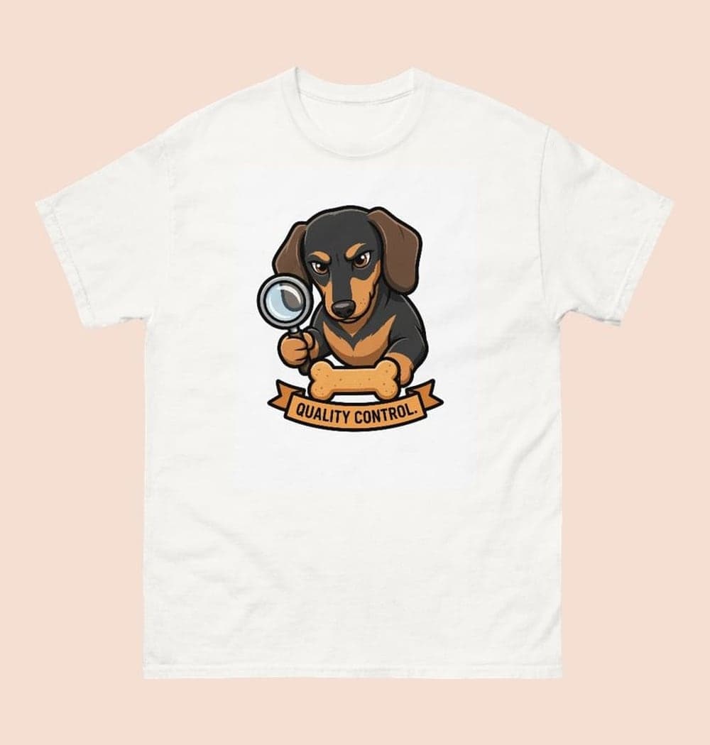 A clean badge featuring the pet as a very serious treat inspector, holding a magnifying glass over a biscuit, on a t-shirt (example made with AI)