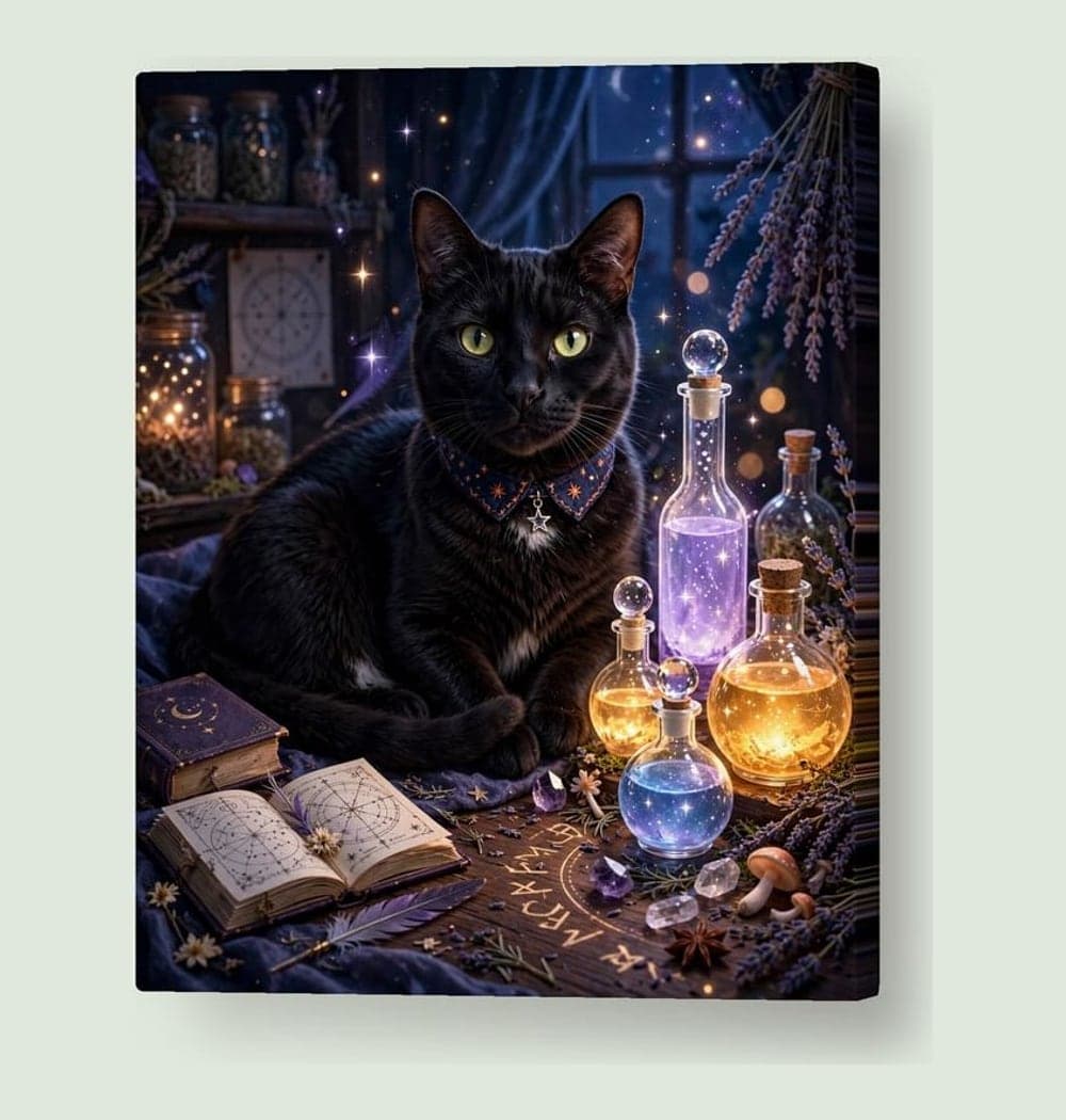 The pet as a wizard's familiar curled beside glowing potion bottles and a tiny spellbook, on a canvas (example made with AI)