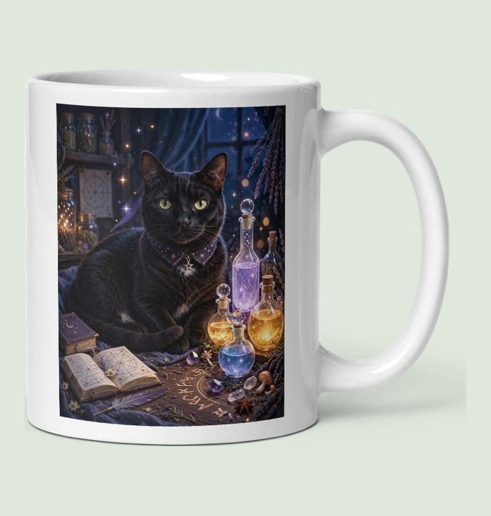 The pet as a wizard's familiar curled beside glowing potion bottles and a tiny spellbook, on a mug (example made with AI)