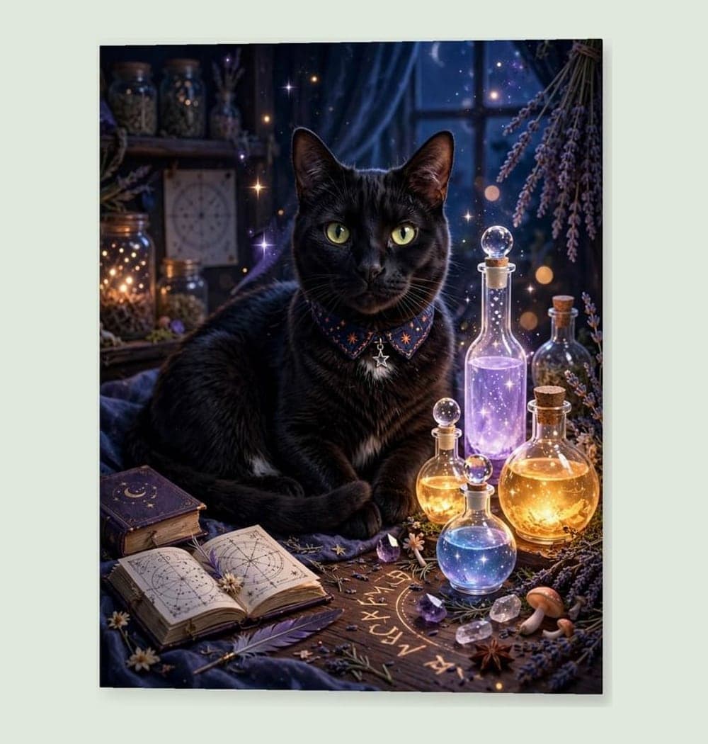 The pet as a wizard's familiar curled beside glowing potion bottles and a tiny spellbook, on a matte poster (example made with AI)