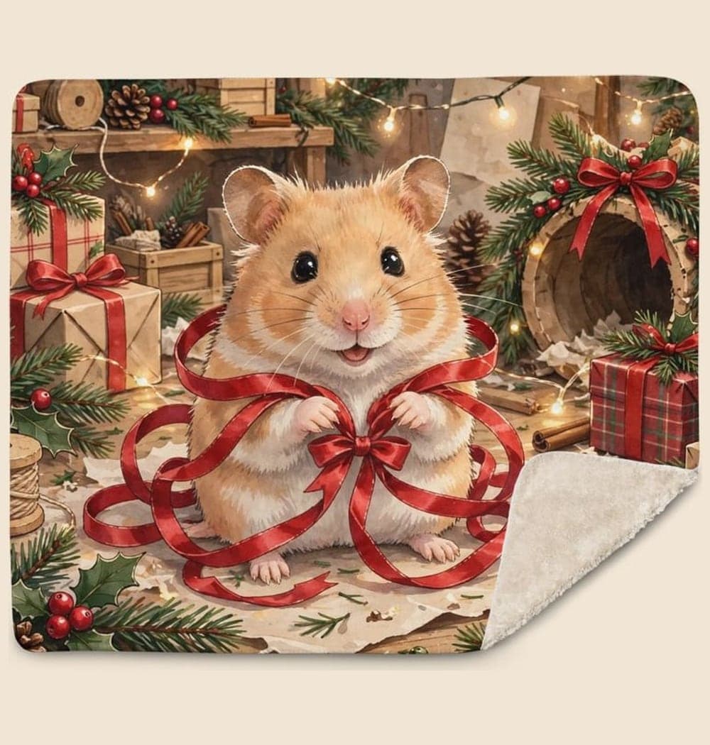 A cheerful holiday workshop assistant tangled in a ribbon beside wrapped gifts, on a blanket (example made with AI)