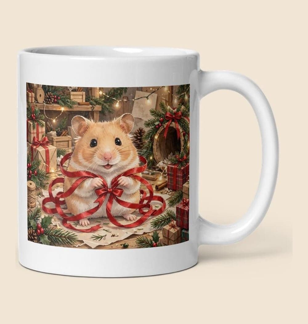 A cheerful holiday workshop assistant tangled in a ribbon beside wrapped gifts, on a mug (example made with AI)