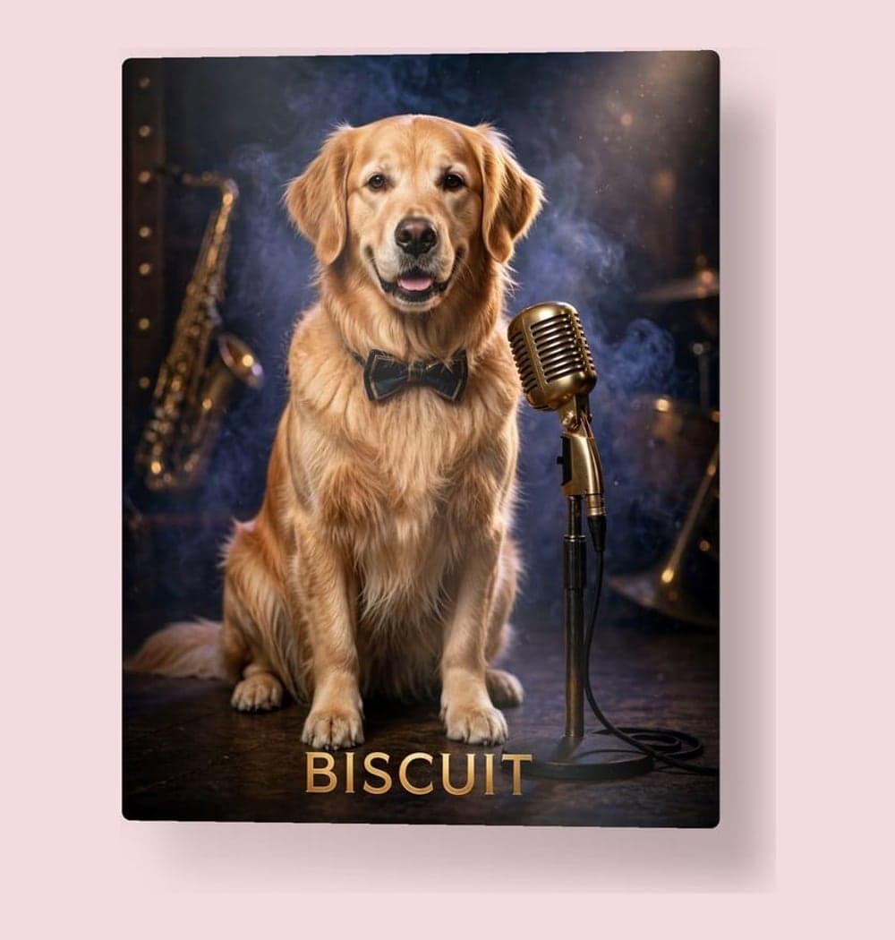 An original album-cover portrait of the pet as a charismatic jazz performer beside a microphone, on a metal print (example made with AI)