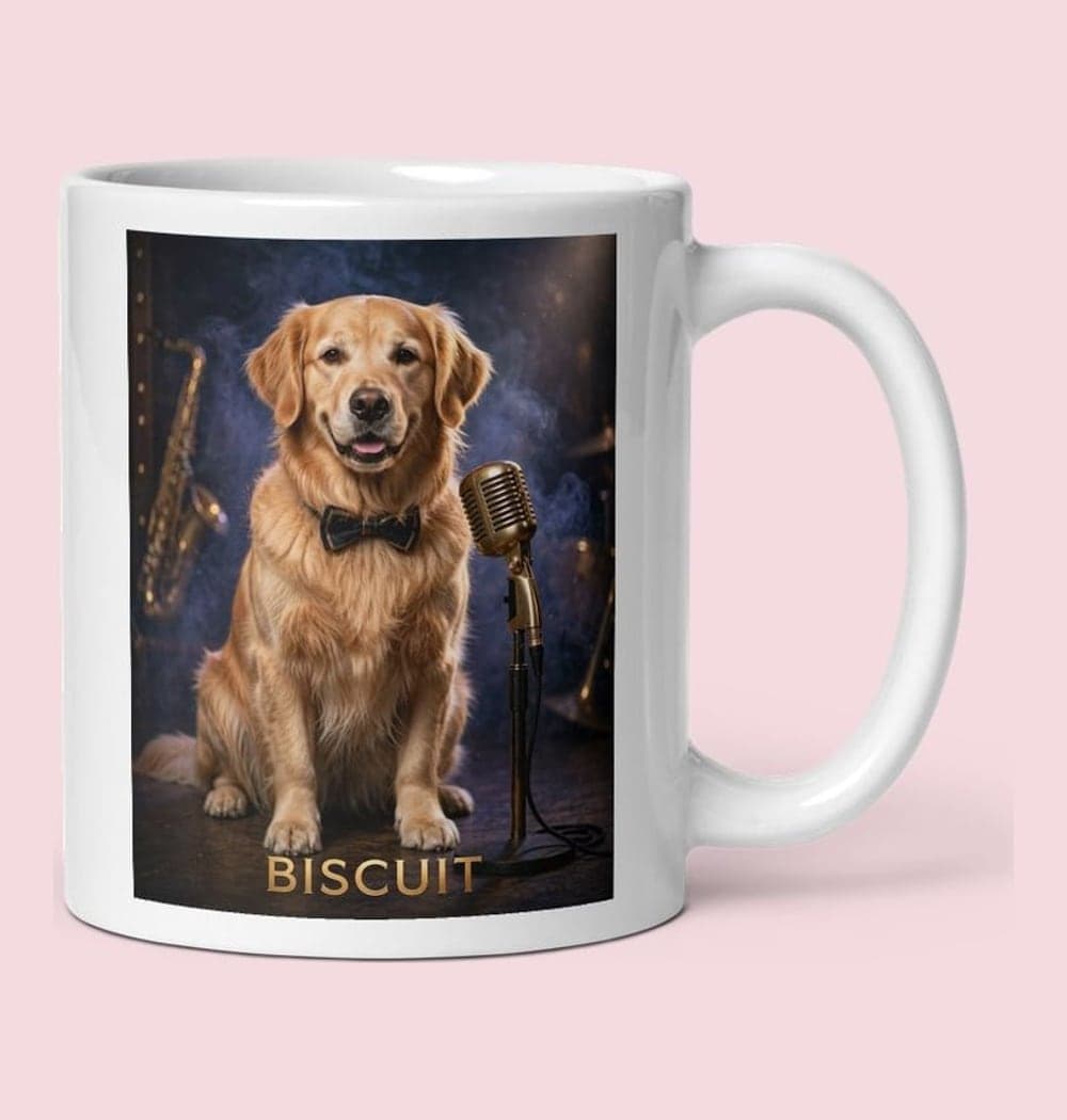 An original album-cover portrait of the pet as a charismatic jazz performer beside a microphone, on a mug (example made with AI)