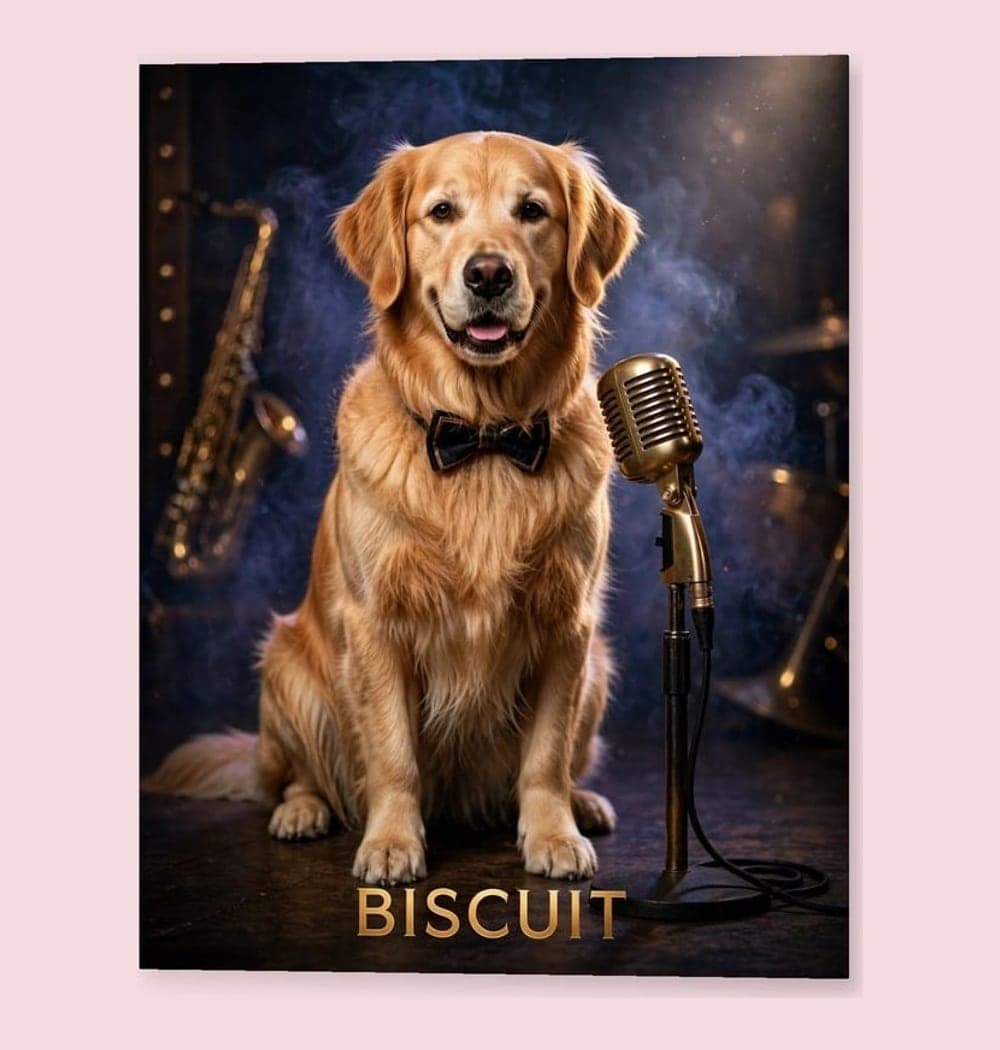 An original album-cover portrait of the pet as a charismatic jazz performer beside a microphone, on a matte poster (example made with AI)