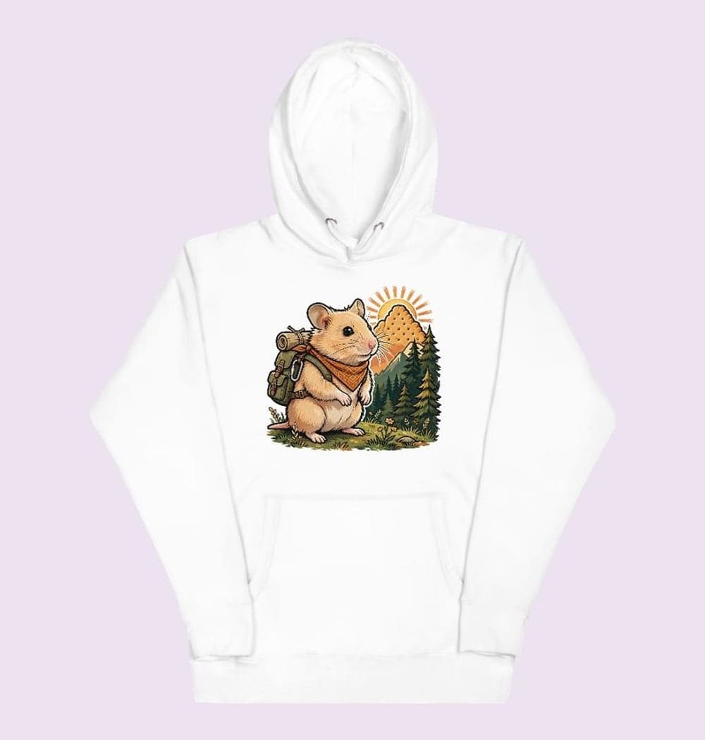 The pet as a tiny mountain explorer carrying a backpack, looking toward a distant peak shaped like a biscuit, on a hoodie (example made with AI)