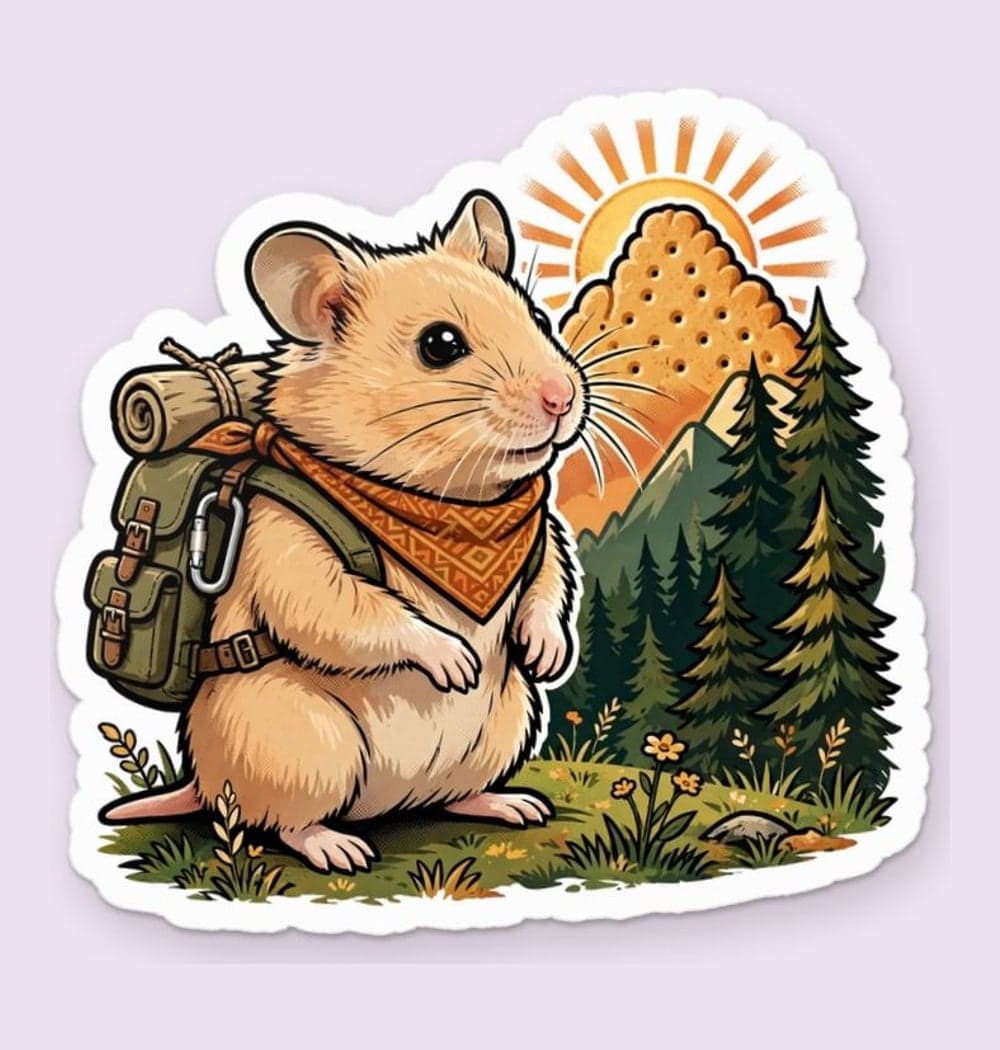 The pet as a tiny mountain explorer carrying a backpack, looking toward a distant peak shaped like a biscuit, as a sticker (example made with AI)