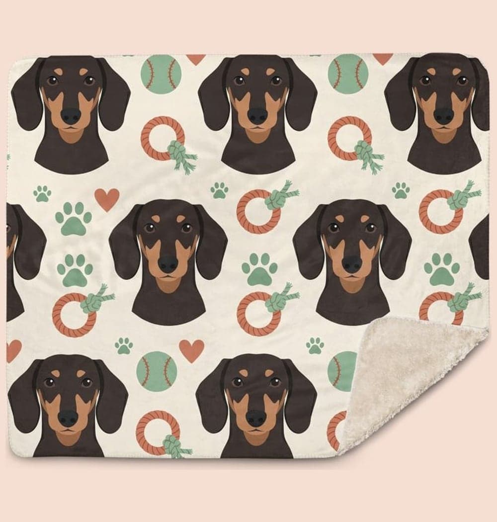 A seamless pattern of simplified portraits of the pet, interspersed with paw prints, favorite toys, and small hearts, on a blanket (example made with AI)