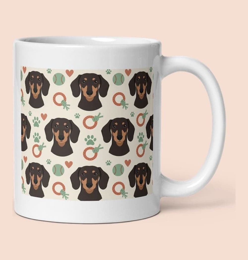 A seamless pattern of simplified portraits of the pet, interspersed with paw prints, favorite toys, and small hearts, on a mug (example made with AI)