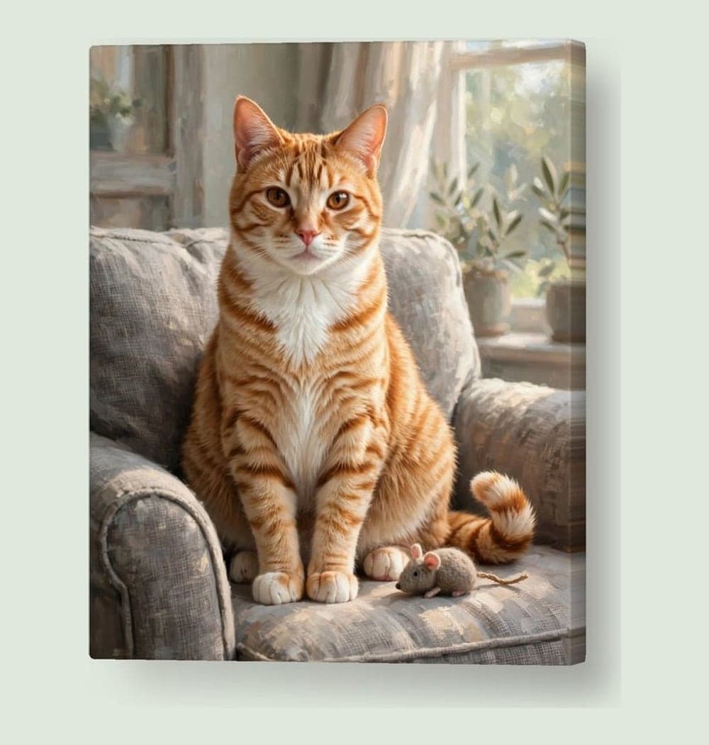A tender portrait of the pet resting in their favorite place, preserving their face, markings, and characteristic posture, on a canvas (example made with AI)