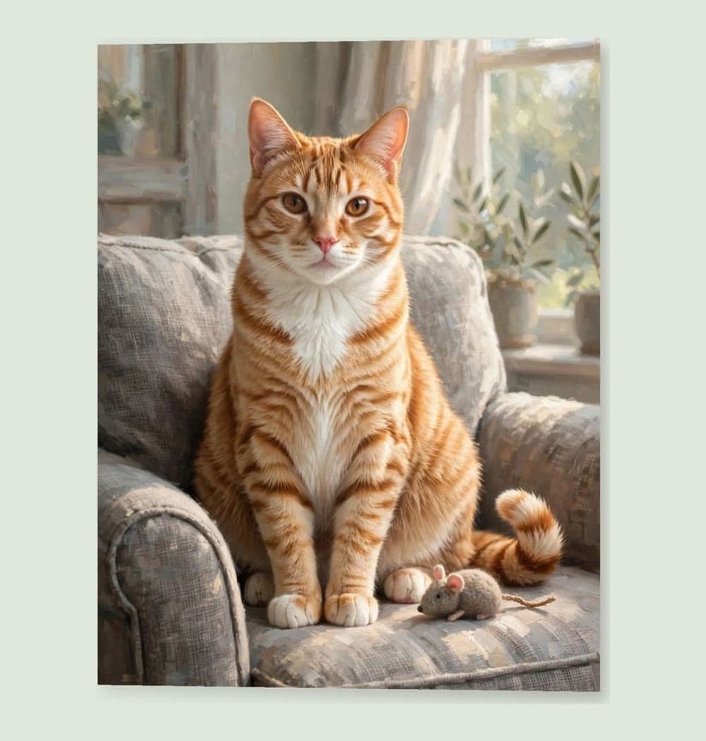 A tender portrait of the pet resting in their favorite place, preserving their face, markings, and characteristic posture, on a photo print (example made with AI)