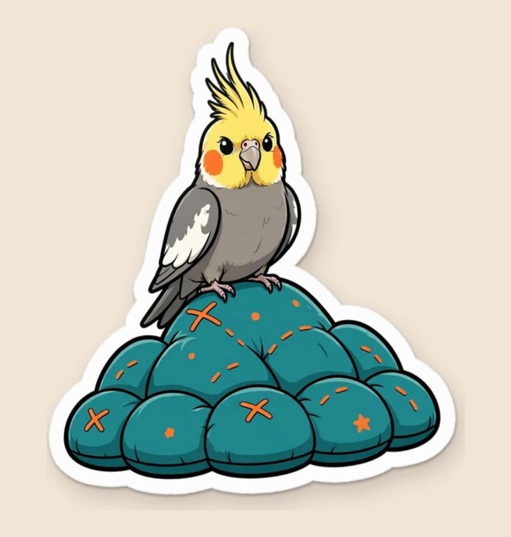 An expressive cartoon of the small pet standing proudly atop an oversized cushion like a mountain conqueror, as a sticker (example made with AI)