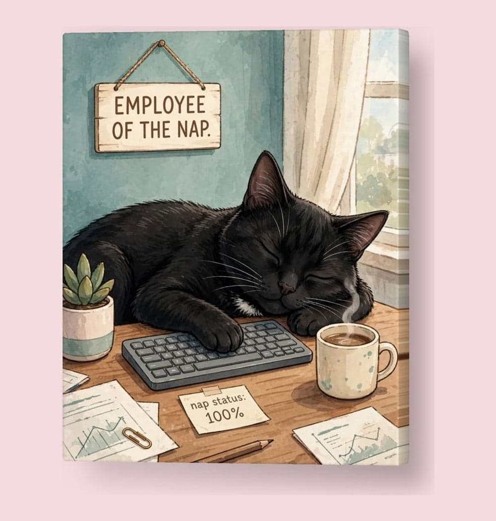 A humorous portrait of the pet asleep at a miniature office desk with one paw on a keyboard, on a canvas (example made with AI)