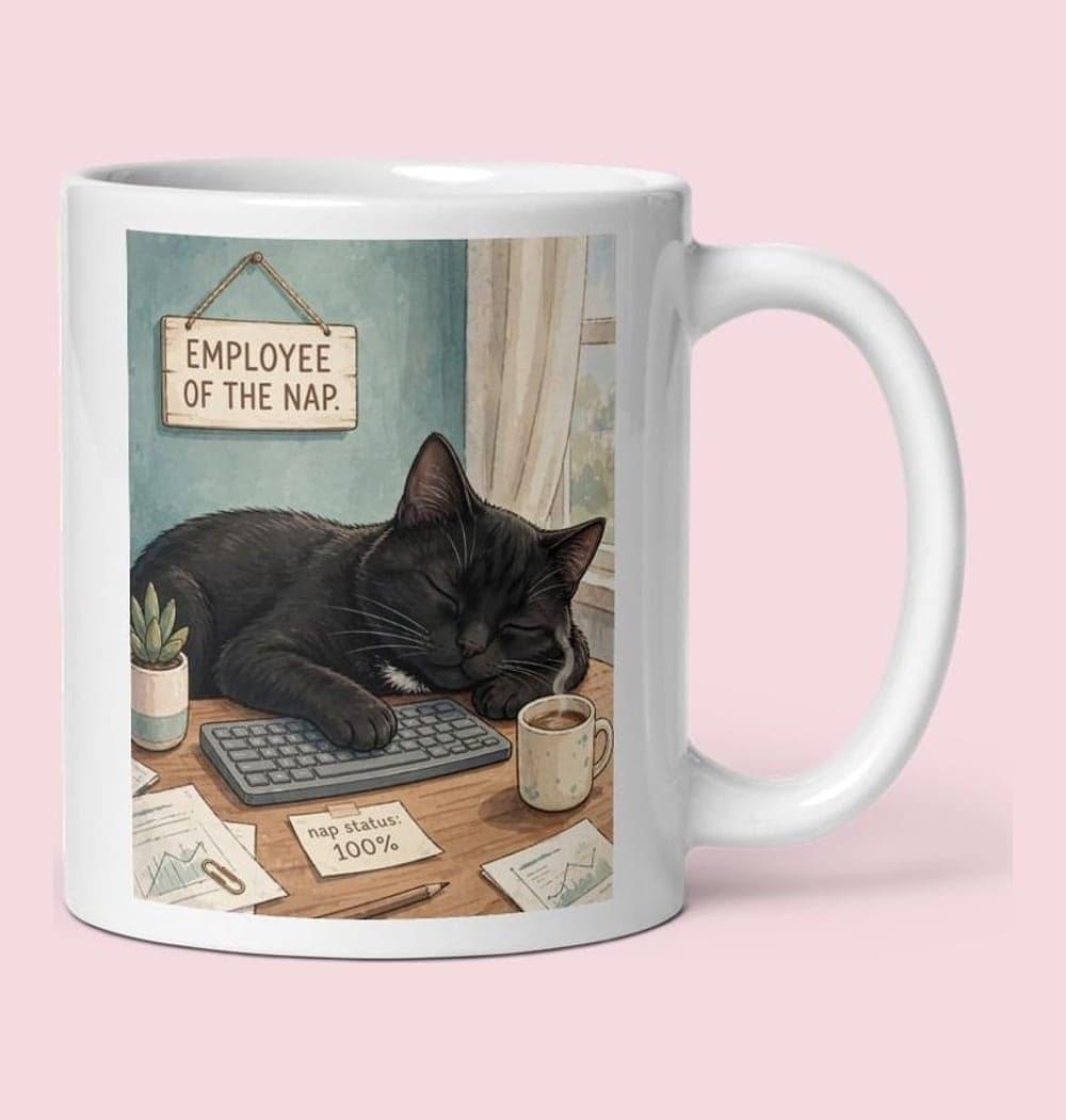 A humorous portrait of the pet asleep at a miniature office desk with one paw on a keyboard, on a mug (example made with AI)
