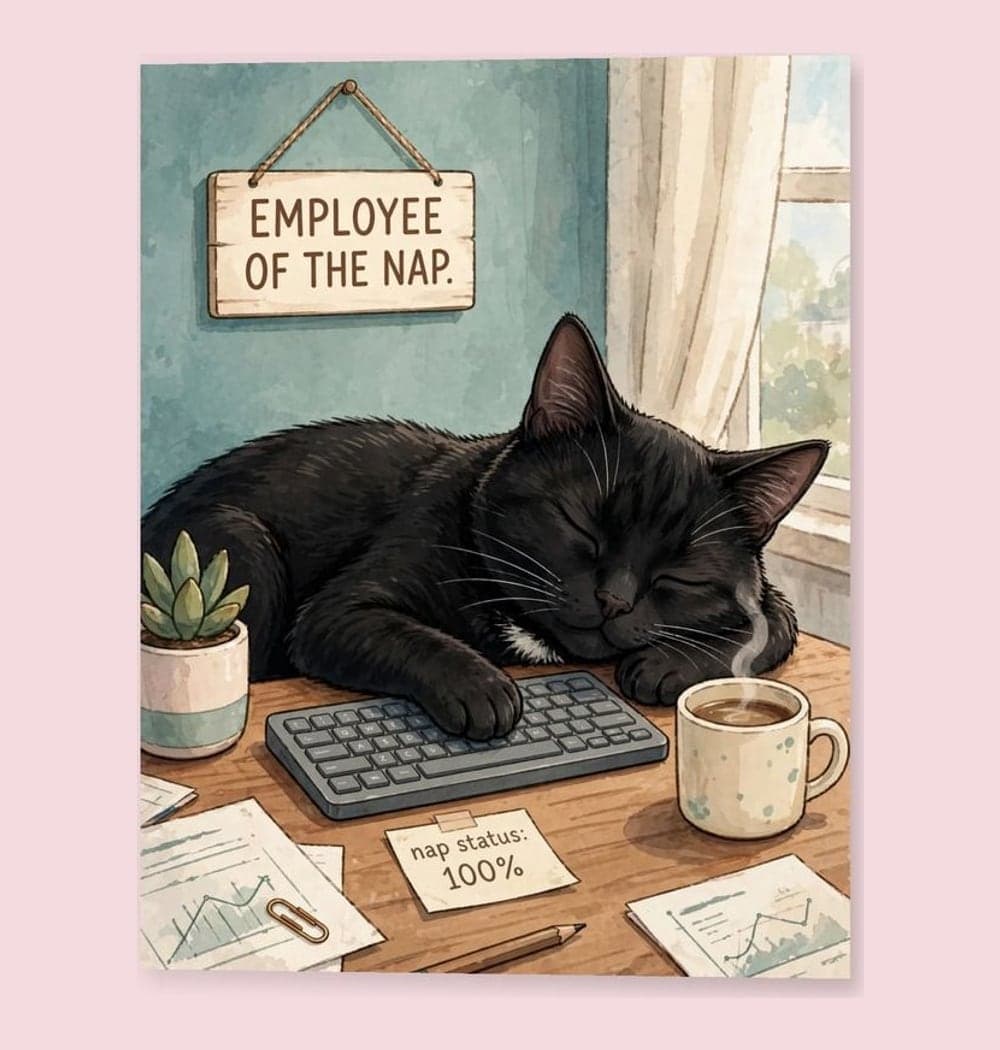 A humorous portrait of the pet asleep at a miniature office desk with one paw on a keyboard, on a matte poster (example made with AI)