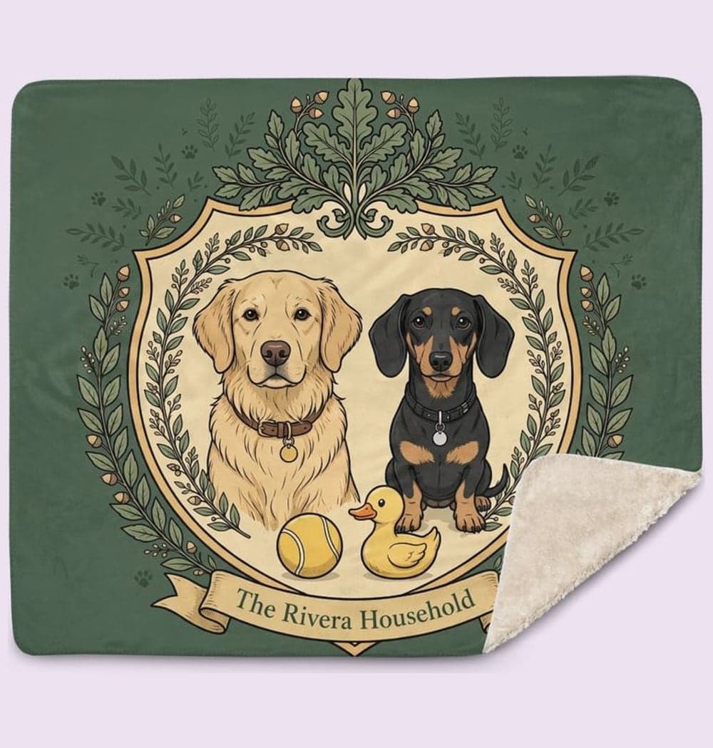 An original heraldic crest featuring the pets, their favorite toys, and a small leafy border, on a blanket (example made with AI)