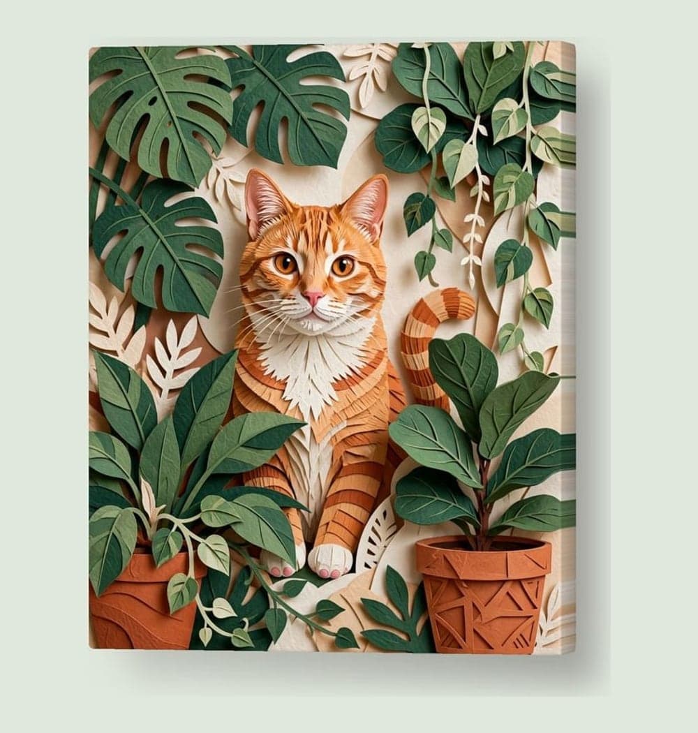 The cat exploring an indoor jungle of oversized houseplants, with their familiar markings visible between the leaves, on a canvas (example made with AI)