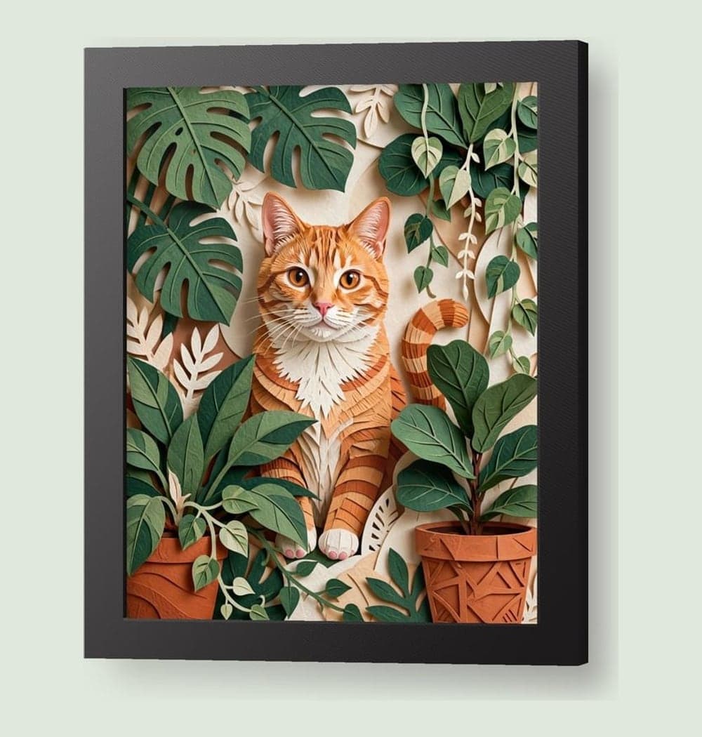 The cat exploring an indoor jungle of oversized houseplants, with their familiar markings visible between the leaves, on a framed print (example made with AI)
