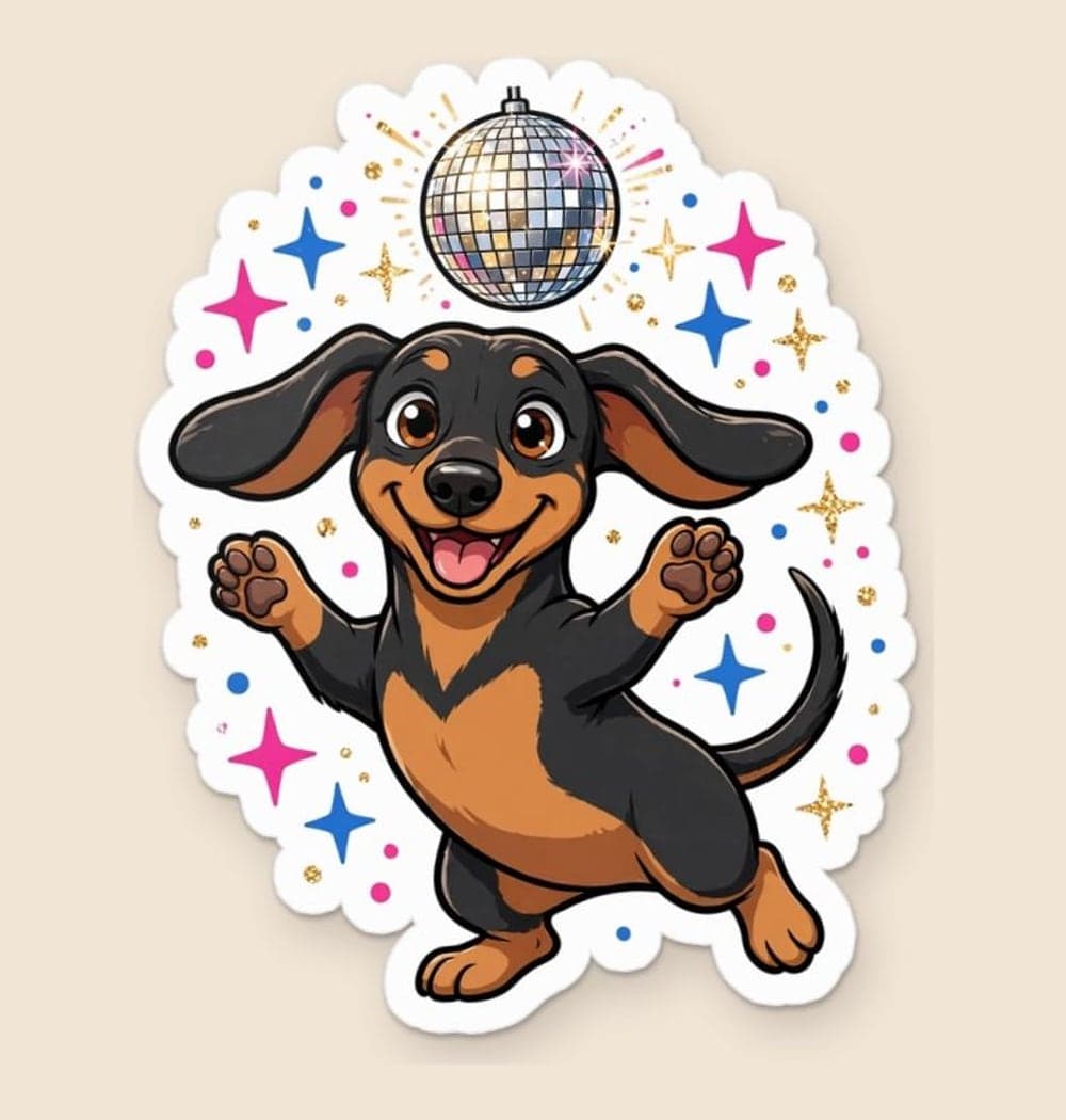 A joyful illustration of the pet dancing beneath a disco ball, with exaggerated but recognizable features and a delighted expression, as a sticker (example made with AI)