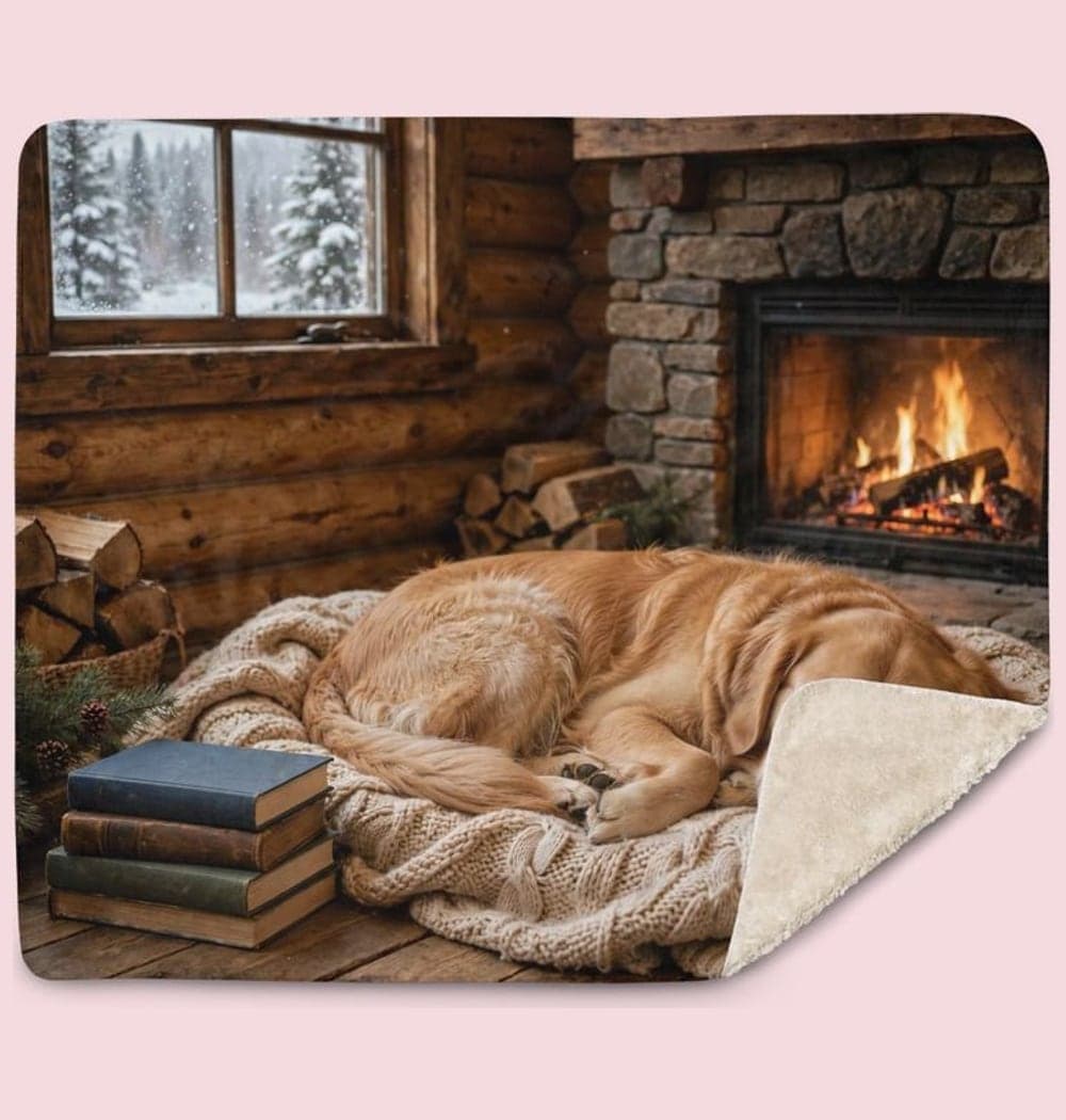 The pet curled up beside a cabin fireplace, with a knitted throw, stacked books, and snow visible through a window, on a blanket (example made with AI)
