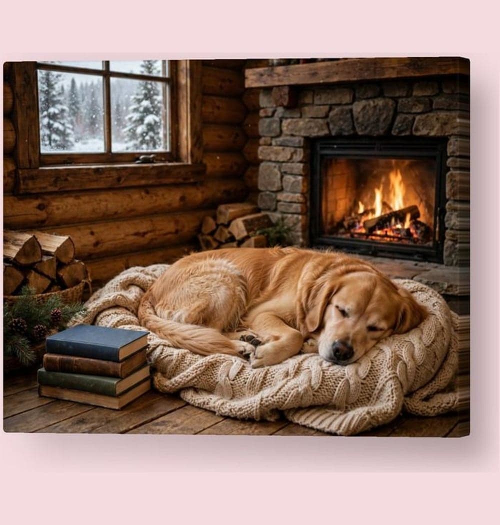 The pet curled up beside a cabin fireplace, with a knitted throw, stacked books, and snow visible through a window, on a canvas (example made with AI)