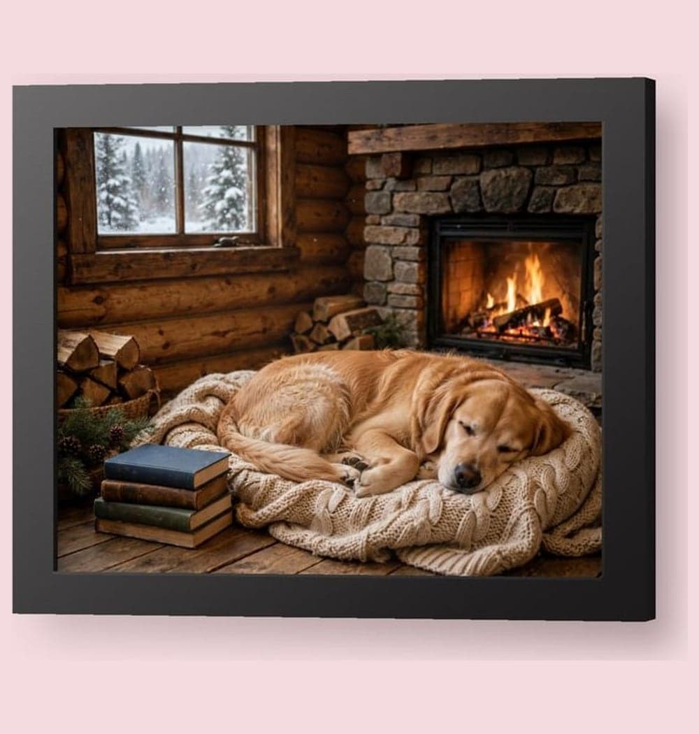 The pet curled up beside a cabin fireplace, with a knitted throw, stacked books, and snow visible through a window, on a framed print (example made with AI)