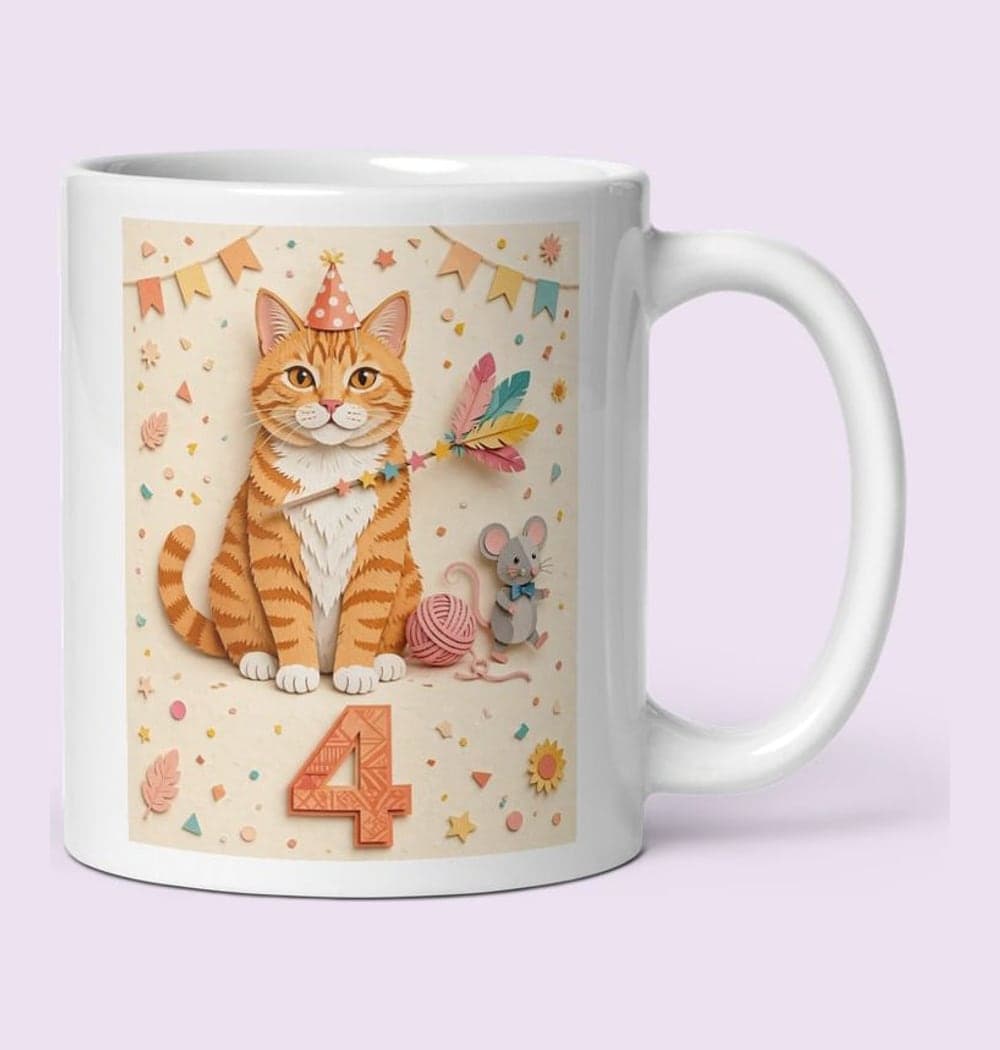 The pet leading a joyful parade of their favorite toys, wearing a small birthday hat, on a mug (example made with AI)