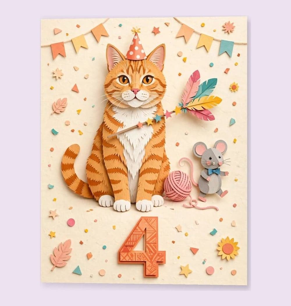 The pet leading a joyful parade of their favorite toys, wearing a small birthday hat, on a photo print (example made with AI)